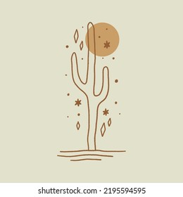 Minimalist modern line abstract wild cactus, contemporary meditative harmony landscape vintage desert Arizona concept. Vector and jpg printable image, unique boho clipart illustration, editable