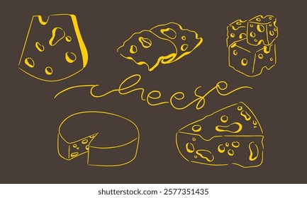 A minimalist and modern line art illustration featuring various types of cheese. This versatile graphic can be used for menus, food blogs, and other culinary-related projects.