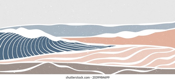 minimalist modern line art print. Abstract ocean wave and mountain contemporary aesthetic backgrounds landscapes. with sea, skyline, wave. vector illustrations