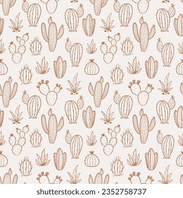 Minimalist modern line pattern boho cactus and sand dunes or hills. Vector illustration. 