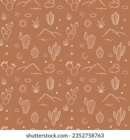 Minimalist modern line pattern boho cactus and sand dunes or hills. Vector illustration. 