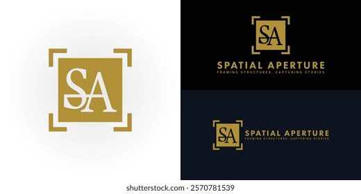 The minimalist and modern logo design features the gold initials S and A elegantly intertwined within a square frame. The logo is ideal for architectural photography logo design inspiration template