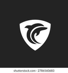 A minimalist and modern logo design features two stylized dolphins or marine animals gracefully intertwined within a protective shield shape. This elegant vector illustration is ideal for branding related to marine conservation, aquatic sports, security, or any business seeking a clean, symbolic emblem.