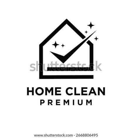 A minimalist and modern logo design features a clean house outline combined with a prominent checkmark and sparkling stars, set against a pristine white background. 
