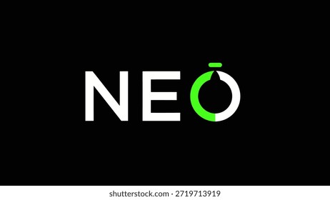 Um design de logotipo minimalista e moderno com a palavra "NEO" em tipografia em branco arrojado contra um fundo preto. O 'O' é criativo