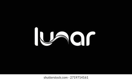 A minimalist and modern logo design featuring the word 'lunar' in white, with an elegant, flowing silver accent embellishing the center. The design