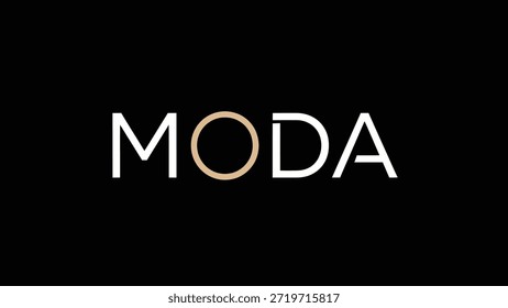 A minimalist and modern logo design featuring the word MODA in clean white typography, with the 'O' replaced by an elegant gold circular accent. The