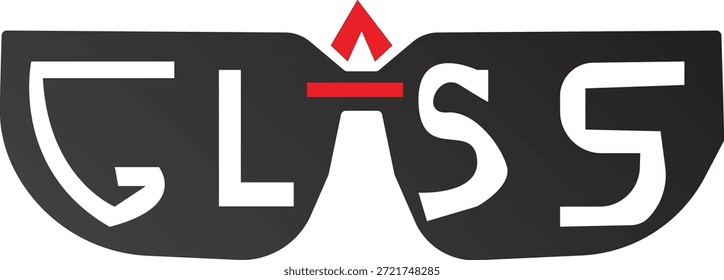 Un diseño de logotipo minimalista y moderno con la palabra 'GLASS' inteligentemente integrada en la silueta de un par de gafas de sol o gafas. Las letras se presentan en blanco contra una forma de lente gris oscuro, con un llamativo elemento triangular rojo que reemplaza la letra 'A' y forma el puente, simbolizando la visión, la innovación o la tecnología.
