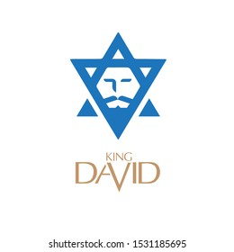 A minimalist and modern logo featuring a blue Star of David cleverly integrated with a simplified portrait of a bearded king. The design uses clean geometric lines to represent heritage and leadership, paired with elegant gold-toned typography for the name King David. This professional vector emblem is ideal for religious organizations, cultural community centers, boutique hospitality, and brands seeking a noble, historical identity.