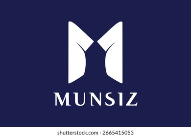 Um logotipo minimalista e moderno com uma letra branca estilizada 'M' com uma sutil silhueta humana no interior, colocado contra um fundo azul marinho profundo.