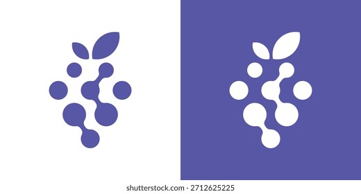 Un logotipo minimalista y moderno con un estilizado racimo de uvas. Las uvas se representan como nodos interconectados, lo que sugiere tecnología, datos o investigación científica. Las hojas coronan el manojo,