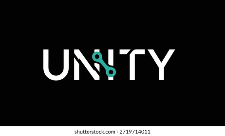 Un logotipo minimalista y moderno para Unity, con la palabra en letras blancas en negrita sobre un fondo negro profundo. La 'I' central se sustituye por una