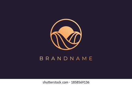 Minimalist and modern luxury line gold logo design of sea water wave and sun in a circle