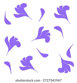 Composição orgânica moderna minimalista com uma série de motivos florais abstratos ou botânicos de cor lilás espalhados pelo campo transparente. O Design Mostra O Arranjo Do Padrão Disparado Onde Os Elementos Individuais Parecem Estar Flutuando Ou Caindo. Há Cinco Clusters Principais Que Se Assemelham A Pétalas De Fã Ou Flores Do Tipo Iris. Estas São Caracterizadas Por Curvas Suaves E Undulantes E Pontos Afiados E Cônicos. Eles Possuem Uma Sensação De Crescimento Direcional, Expandindo Para Fora A Partir De Um Ponto Central Semelhante Ao Caule. Entre Os Clusters Maiores Estão Os Menores Elementos De Traço Único. Essas Parecem Pétalas Caindo Ou Folhas Pegas Em Uma Brisa Dando Ilustração É Característica Implícita De Movimento Implícito. Pode Ser Usado Para Tecidos Leves Como Seda Ou Linho Para Moda De primavera, Sofisticado Fundo Para Skincare Ou Embalagem De Bem-Estar, Para Quarto Ou Lounge Como Um Padrão De Papel De Parede.
