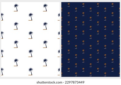Minimalist Modern Palm Trees Seamless Vector Pattern. Simple Tropical Forest Design for Textile, Wrapping Paper. Jungle Print with Hand Drawn Palms on a White and Dark Royal Blue Background.