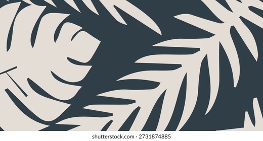 Un patrón minimalista y moderno con hojas tropicales abstractas en un color claro sobre un fondo oscuro, creando un diseño elegante y contemporáneo.