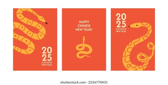 Minimalist modern posters with snakes and 2025 happy chinese new year text. Vector flat illustration of asian reptiles