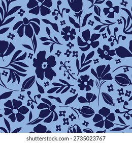 A minimalist and modern seamless pattern featuring dark navy blue floral silhouettes on a refreshing light blue backdrop. This flat vector illustration showcases a variety of stylized blossoms, leaves, and buds in a clean, monochromatic arrangement. Perfect for professional branding, elegant textiles, contemporary wallpaper, and chic digital stationery design.