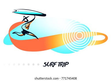 Minimalist modern sign. Silhouette freehand drawn man with surfboard. Element design banner, poster for surfing school business. 
