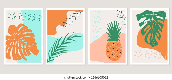 Minimalist modern style nature illustrations. Set of vector botanical poster or wall art. Tropic leaves and abstract shapes.