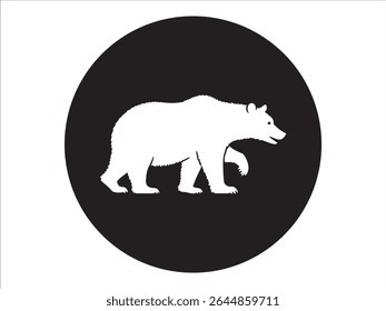 A minimalist and modern vector design features a simple white bear silhouette enclosed within a stark black circle, set against a clean white background.