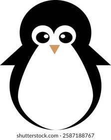 Minimalist and modern vector illustration of a cute penguin with a black and white body, large expressive eyes, and a small orange beak. This simple and clean design is perfect for children's illustra