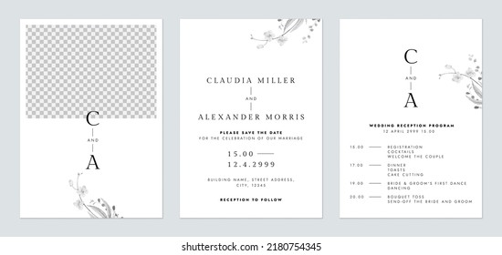 Minimalist Modern Wedding Invitation Card Set Template Design, Black And White Flower Bouquet