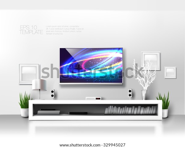 Minimalist modern  white TV\
shelf with books , decorations and sound system. Rich vector\
graphic template.