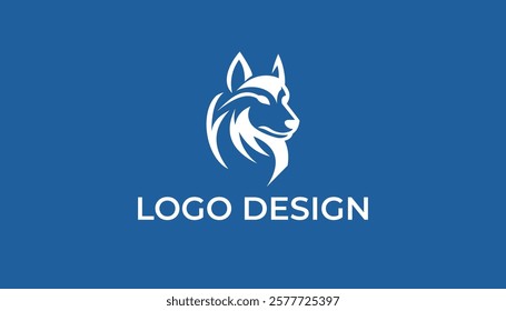 Minimalist and modern wolf head logo design with blue background