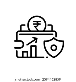 Minimalist Money Management Icon with Wallet, Rupee Sign, Growth Chart, and Security Shield in Stroke Style