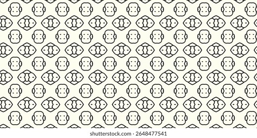 Padrão de rosto de macaco minimalista com arte de linha preta em um fundo branco, perfeito para desenhos lúdicos e abstratos. Apresenta simetria e repetição de formas geométricas.