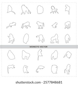 Minimalist monkey silhouettes, simple line drawings, various primate poses, black and white sketches, continuous single line art,  vector art, simplified primate forms wildlife pattern elements