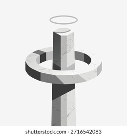 Uma renderização tridimensional monocromática minimalista de uma escultura geométrica abstrata que se assemelha a um pilar com um halo circular acima dele.