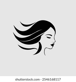 Uma ilustração monocromática minimalista mostrando o perfil de uma mulher estilizada com cabelo fluido e olhos fechados. Situado contra um fundo cinza claro, a elegante silhueta preta enfatiza tranquili