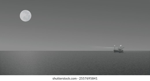 Minimalist monochromatic seascape at night with fishing boat in the sea and fullmoon in the sky graphic illustration.