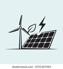 Una Ilustración vectorial monocromática minimalista combina eficientemente los símbolos clave de la energía renovable, mostrando un Grande panel solar junto con una turbina eólica activa, ambas conectadas por un rayo simbólico que representa la generación de energía, con una hoja verde fresca que representa el equilibrio ecológico y la sostenibilidad, enfatizando la transición crítica hacia fuentes de energía limpias y respetuosas con el medio ambiente para un futuro más verde.