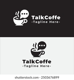 Logotipo monocromático minimalista de la taza de café con una burbuja del chat, ideal para la marca de la cafetería.