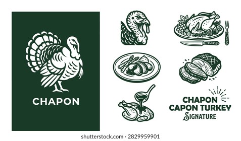 Minimalist monochrome dark forest green French chapon capon turkey signature icon set with flat vector style icons for food branding and gourmet restaurant menus.