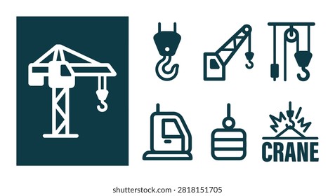 Minimalist monochrome dark teal crane icon set featuring construction equipment like hook, jib, cable, cab, and counterweight in a flat vector style on a clean white background.