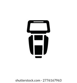 A minimalist, monochrome depiction of an old-fashioned camera, featuring a rectangular body and lens. The design is simple and iconic.