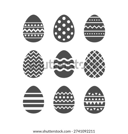 Minimalist Monochrome Easter Egg Set in Stencil Style – Bold Black Silhouette Spring Holiday Icons with Geometric Patterns, Stripes, Zigzag and Decorative Elements, Flat Vector Collection Isolated on Light Background