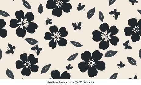 Minimalist monochrome flowers, leaf and butterfly seamless pattern. Floral silhouette modern trendy vector background repeat