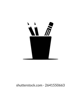 A minimalist monochrome graphic displays a pencil holder with two sharpened pencils and one eraser-topped pencil inside, making it a useful symbol.