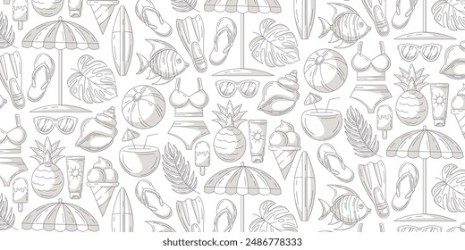 Minimalist monochrome gray seamless summer pattern, beach elements. Swimsuit, flip flops, flippers, fish, surfboard, umbrella, coconut cocktail, pineapple. For cover, wrapping paper, textile print