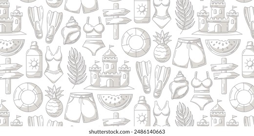 Minimalist monochrome gray summer seamless pattern, beach elements. Swimsuit, sand castle, pineapple and watermelon, sunscreen, seashell, flippers, lifebuoy. For cover, wrapping paper, textile print