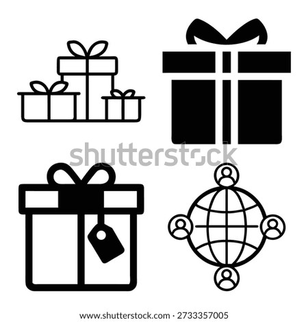 Minimalist Monochrome Icon Set Featuring Various Gift Box Designs with Ribbons, Tags, and Global People Connection Network Collage