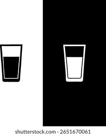 Uma imagem monocromática minimalista com dois óculos, um preto sobre branco e um branco sobre preto, preenchido com líquido. Um design simples e limpo com alto contraste.