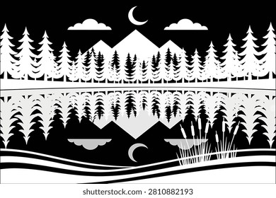Minimalist monochrome landscape featuring a calm forest lake reflecting pine trees, layered mountains, scattered clouds and a bright full moon. Bold silhouettes and balanced composition create a peaceful woodland scene.