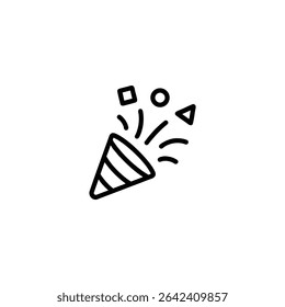 Minimalist monochrome line art of an abstract confetti burst with small geometric shapes, for celebration or party themes. Vector graphic, isolated on white, icon pack ready.