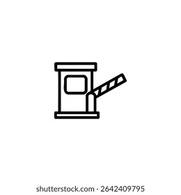 Minimalist monochrome line art of a border control post with a barrier arm. Vector graphic for themes of travel, security, or immigration, isolated on white, part of an icon set.